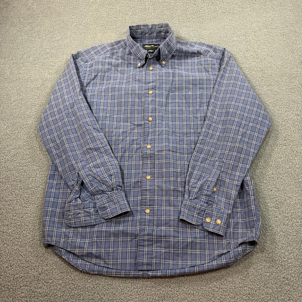 Eddie Bauer Button Down Shirt Mens Small Blue Plaid Long Sleeve Cotton Casual